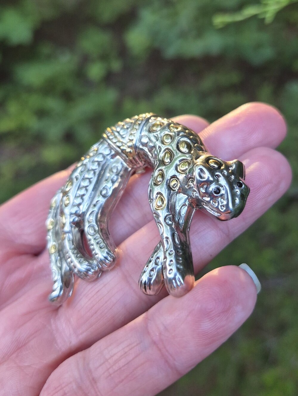 Vintage Cheetah Leopard Pendant Brooch 2.25" Statement Silver Gold Tone 80s